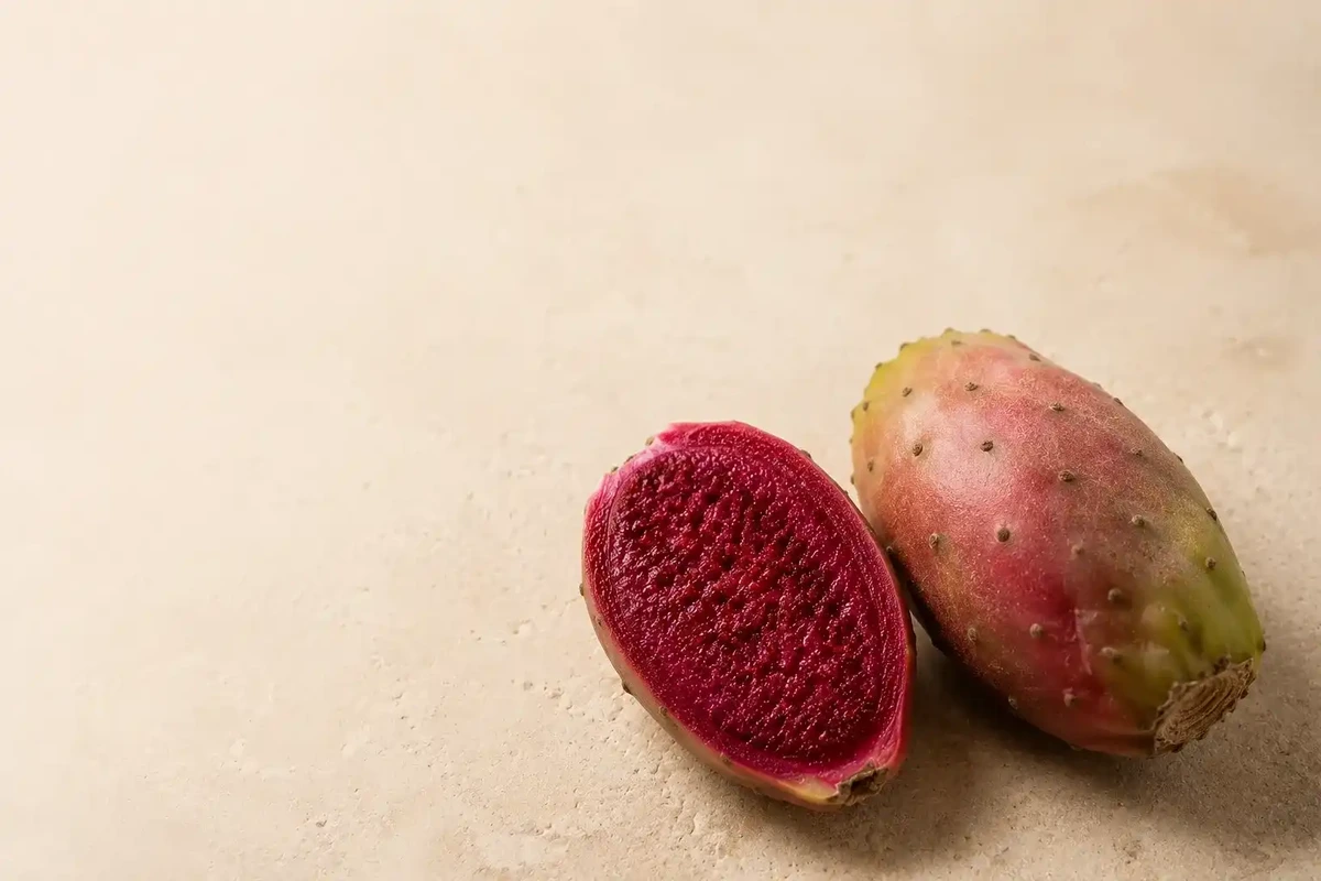 Sliced prickly pear fruit showing deep red-violet pigmentation on warm stone surface, ANISSOU