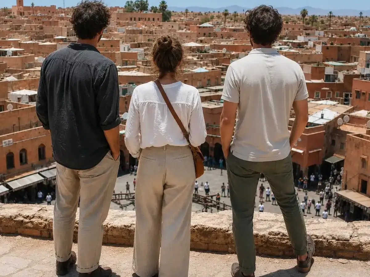 Two brothers and a sister overlooking a Moroccan medina from a rooftop