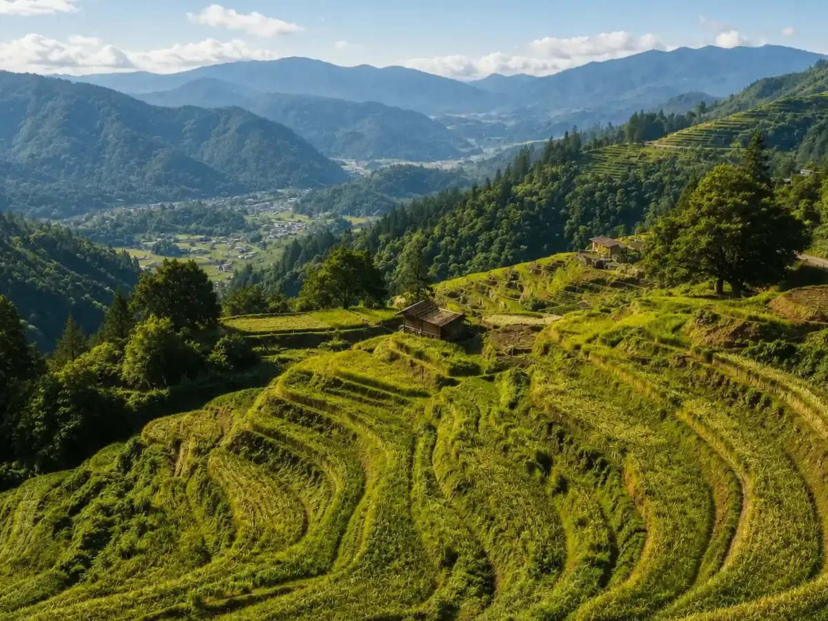 Japanese terraced hillside on a bright sunny day